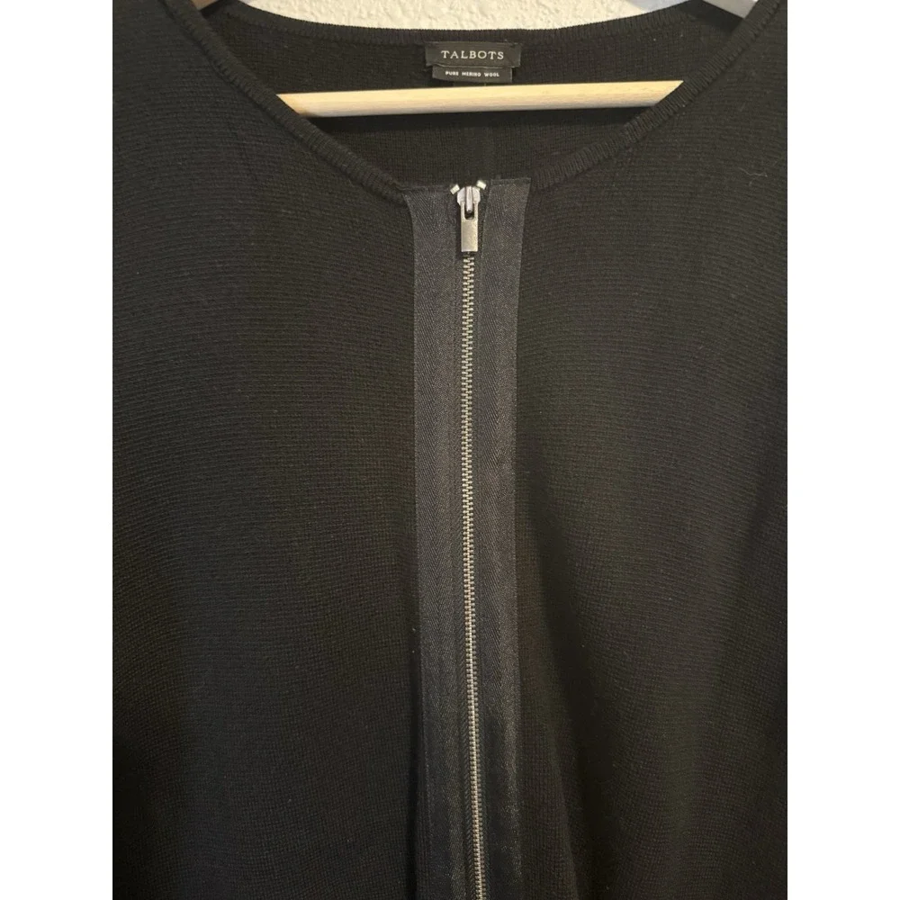Talbots 100% Wool Long Sweater Tunic Midi Cardigan Jacket Black Full Zip Women L